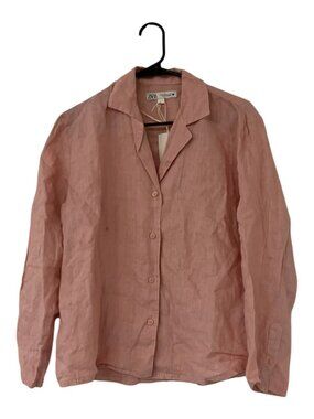 Zara Womens Shirt Blouse Linen XS Button Up Dusty Pink Oversized 3623/330 NWT